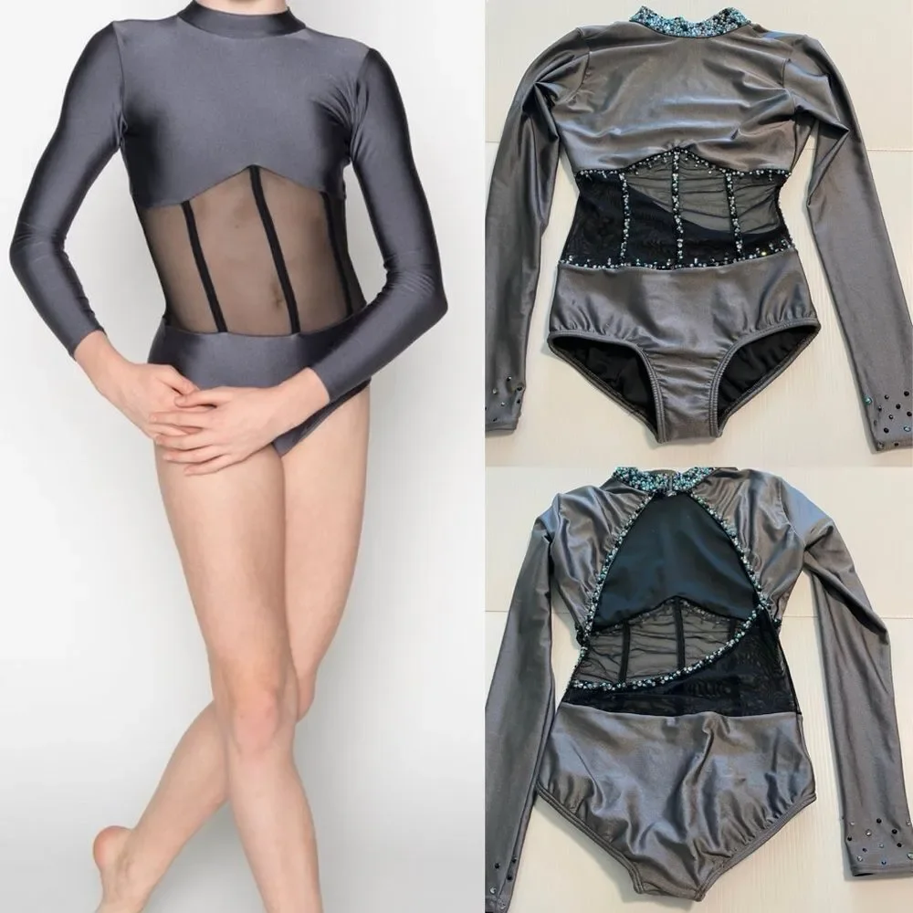 AA dance design costume solo custom gray Ginger leotard illusion LC child